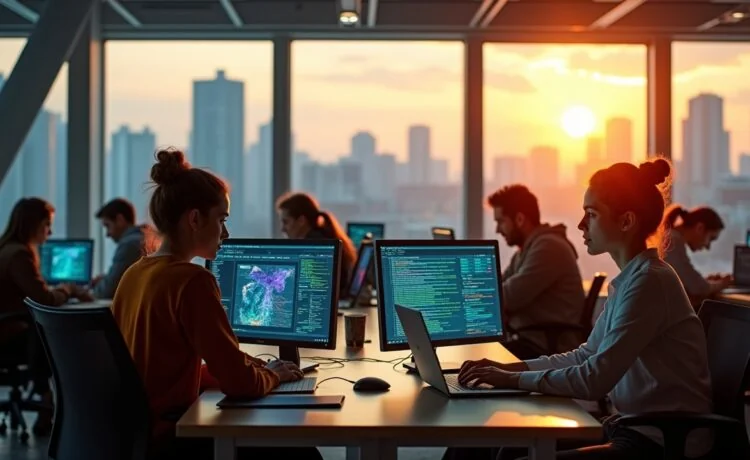 In einem modernen, lichtdurchfluteten Büro mit warmem Sonnenlicht arbeiten diverse europäische Expertinnen und Experten konzentriert an Laptops und großen Bildschirmen, die komplexe Daten und Code zeigen, während im Hintergrund durch große Fenster ein lebendiges Stadtpanorama zu sehen ist, das den Fortschritt und die menschliche Energie hinter Europas wegweisendem KI-Projekt Soofi symbolisiert.