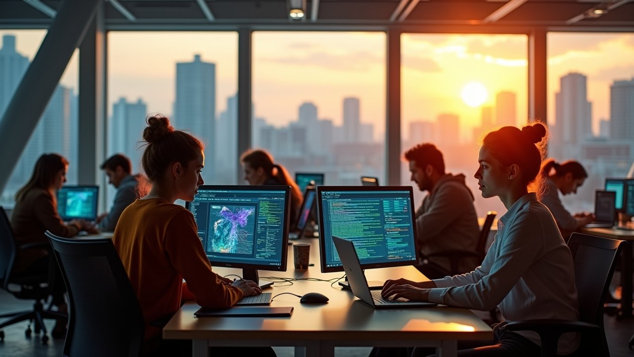 In einem modernen, lichtdurchfluteten Büro mit warmem Sonnenlicht arbeiten diverse europäische Expertinnen und Experten konzentriert an Laptops und großen Bildschirmen, die komplexe Daten und Code zeigen, während im Hintergrund durch große Fenster ein lebendiges Stadtpanorama zu sehen ist, das den Fortschritt und die menschliche Energie hinter Europas wegweisendem KI-Projekt Soofi symbolisiert.