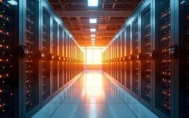 Ein hell erleuchteter, moderner Serverraum mit glänzenden, intelligent angeordneten Supercomputer-Racks, in dem warmes, einladendes Tageslicht sanft auf die hochmoderne Technologie fällt und sowohl die technische Präzision als auch den Innovationsgeist Europas strahlen lässt.