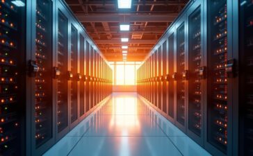 Ein hell erleuchteter, moderner Serverraum mit glänzenden, intelligent angeordneten Supercomputer-Racks, in dem warmes, einladendes Tageslicht sanft auf die hochmoderne Technologie fällt und sowohl die technische Präzision als auch den Innovationsgeist Europas strahlen lässt.