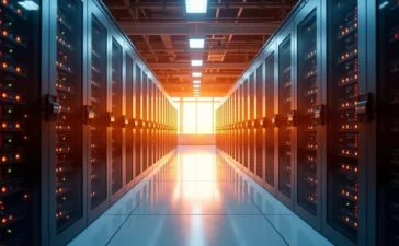 Ein hell erleuchteter, moderner Serverraum mit glänzenden, intelligent angeordneten Supercomputer-Racks, in dem warmes, einladendes Tageslicht sanft auf die hochmoderne Technologie fällt und sowohl die technische Präzision als auch den Innovationsgeist Europas strahlen lässt.