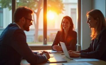 Ein lichtdurchflutetes, stilvoll inszeniertes Bürogespräch zwischen kreativen Marketingprofis europäischer Unternehmen, die mit warmem Lächeln und fokussiertem Blick integrative KI-Strategien entwickeln, um Fortschritt und Zusammenarbeit sichtbar zu machen.