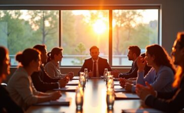 Ein heller, freundlicher Konferenzraum voller engagierter Menschen in moderner Business-Kleidung, die bei natürlichem Tageslicht lebhaft über technologische Innovationen und Regulierungsfragen diskutieren, während warme Holztöne und große Fenster eine einladende, optimistische Atmosphäre schaffen.