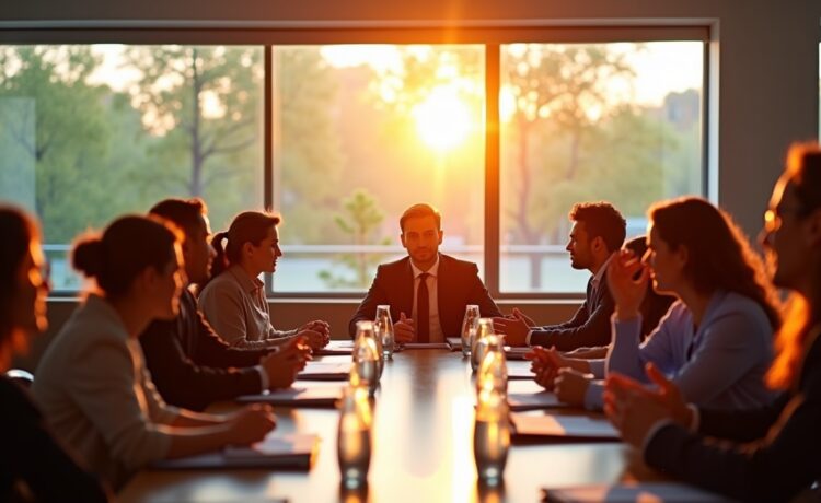 Ein heller, freundlicher Konferenzraum voller engagierter Menschen in moderner Business-Kleidung, die bei natürlichem Tageslicht lebhaft über technologische Innovationen und Regulierungsfragen diskutieren, während warme Holztöne und große Fenster eine einladende, optimistische Atmosphäre schaffen.