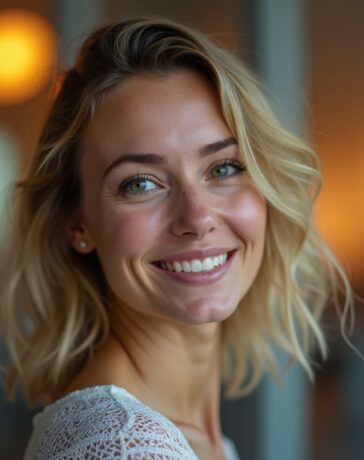 Ein warm beleuchtetes, natürliches Porträt einer nachdenklich lächelnden Frau vor einem modernen, hellen Bürofenster, das sanft Vertrauen und Verantwortung im digitalen Kinderschutz symbolisiert.