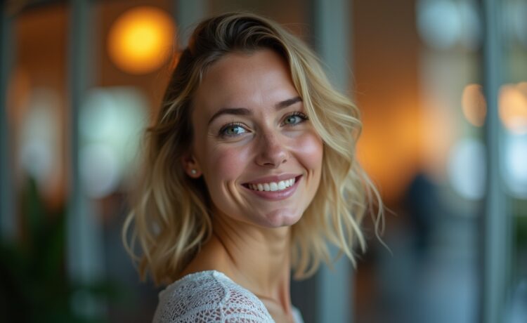 Ein warm beleuchtetes, natürliches Porträt einer nachdenklich lächelnden Frau vor einem modernen, hellen Bürofenster, das sanft Vertrauen und Verantwortung im digitalen Kinderschutz symbolisiert.