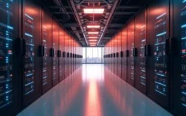 Ein hell erleuchteter, moderner Rechenzentrumsraum mit Reihen glänzender Hochleistungsserver, in dem warmes Tageslicht sanft die technologischen Details betont und eine einladende, zukunftsweisende Atmosphäre voller Innovation und europäischem Fortschritt schafft.