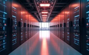 Ein hell erleuchteter, moderner Rechenzentrumsraum mit Reihen glänzender Hochleistungsserver, in dem warmes Tageslicht sanft die technologischen Details betont und eine einladende, zukunftsweisende Atmosphäre voller Innovation und europäischem Fortschritt schafft.