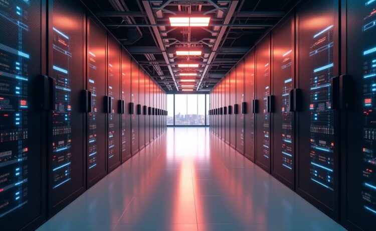 Ein hell erleuchteter, moderner Rechenzentrumsraum mit Reihen glänzender Hochleistungsserver, in dem warmes Tageslicht sanft die technologischen Details betont und eine einladende, zukunftsweisende Atmosphäre voller Innovation und europäischem Fortschritt schafft.