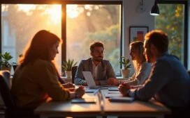 Ein warm erleuchtetes, modernes Büro mit konzentrierten Forschenden unterschiedlichen Alters und Geschlechts, die im sanften Tageslicht lebhaft über komplexe Daten und KI-Modelle beraten, während helle Bildschirme und Notizen eine Atmosphäre von Innovation und Reflexion schaffen.