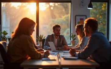 Ein warm erleuchtetes, modernes Büro mit konzentrierten Forschenden unterschiedlichen Alters und Geschlechts, die im sanften Tageslicht lebhaft über komplexe Daten und KI-Modelle beraten, während helle Bildschirme und Notizen eine Atmosphäre von Innovation und Reflexion schaffen.