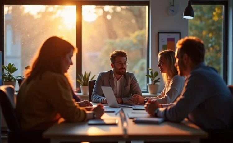 Ein warm erleuchtetes, modernes Büro mit konzentrierten Forschenden unterschiedlichen Alters und Geschlechts, die im sanften Tageslicht lebhaft über komplexe Daten und KI-Modelle beraten, während helle Bildschirme und Notizen eine Atmosphäre von Innovation und Reflexion schaffen.