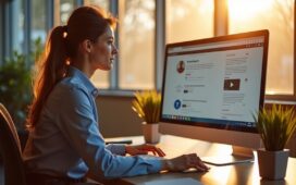 In einem hell erleuchteten, modernen Büro sitzt eine junge, motivierte Frau vor einem großen Bildschirm, der eine stilvolle Browser-Oberfläche mit geöffneten Tabs zeigt, während warmes Tageslicht durch große Fenster fällt und eine freundliche, zukunftsorientierte Atmosphäre schafft.