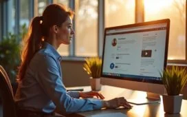 In einem hell erleuchteten, modernen Büro sitzt eine junge, motivierte Frau vor einem großen Bildschirm, der eine stilvolle Browser-Oberfläche mit geöffneten Tabs zeigt, während warmes Tageslicht durch große Fenster fällt und eine freundliche, zukunftsorientierte Atmosphäre schafft.