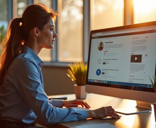 In einem hell erleuchteten, modernen Büro sitzt eine junge, motivierte Frau vor einem großen Bildschirm, der eine stilvolle Browser-Oberfläche mit geöffneten Tabs zeigt, während warmes Tageslicht durch große Fenster fällt und eine freundliche, zukunftsorientierte Atmosphäre schafft.
