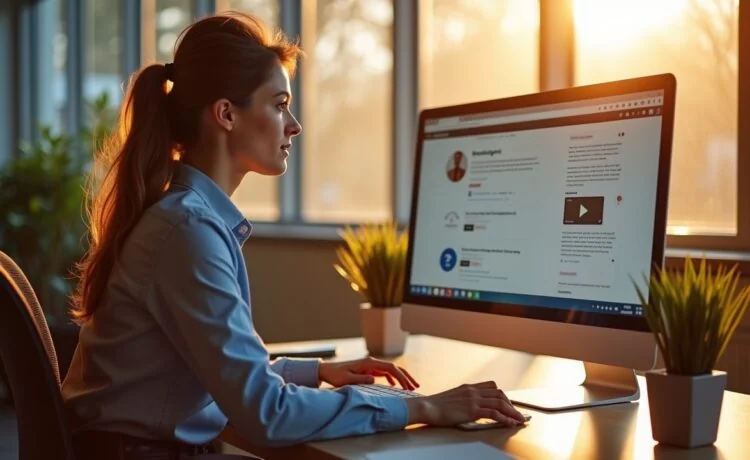 In einem hell erleuchteten, modernen Büro sitzt eine junge, motivierte Frau vor einem großen Bildschirm, der eine stilvolle Browser-Oberfläche mit geöffneten Tabs zeigt, während warmes Tageslicht durch große Fenster fällt und eine freundliche, zukunftsorientierte Atmosphäre schafft.