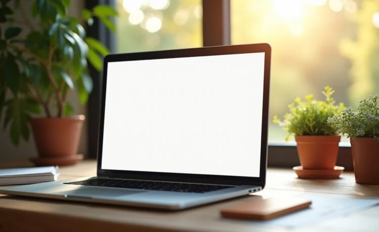 Ein heller, freundlicher Arbeitsplatz mit einem modernen Laptop-Bildschirm, der ein klar strukturiertes, minimalistisches Flat-Design-Interface zeigt, umgeben von warmem Tageslicht und dezenten Pflanzen, die eine inspirierende Atmosphäre für kreative Webgestaltung und strategischen Website-Relaunch ausstrahlen.