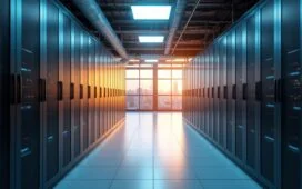 Ein hell erleuchteter, moderner Serverraum zeigt detailreich die kühle Eleganz flüssigkeitsgekühlter Rechenzentrumstechnologie, während warmes Tageslicht sanft durch große Fenster fällt und so eine einladende Atmosphäre innovativer Nachhaltigkeit und zukunftsweisender Effizienz schafft.