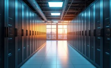 Ein hell erleuchteter, moderner Serverraum zeigt detailreich die kühle Eleganz flüssigkeitsgekühlter Rechenzentrumstechnologie, während warmes Tageslicht sanft durch große Fenster fällt und so eine einladende Atmosphäre innovativer Nachhaltigkeit und zukunftsweisender Effizienz schafft.