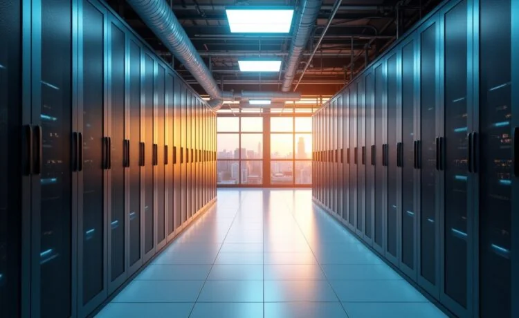 Ein hell erleuchteter, moderner Serverraum zeigt detailreich die kühle Eleganz flüssigkeitsgekühlter Rechenzentrumstechnologie, während warmes Tageslicht sanft durch große Fenster fällt und so eine einladende Atmosphäre innovativer Nachhaltigkeit und zukunftsweisender Effizienz schafft.