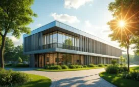 Ein sonnendurchfluteter, moderner Rechenzentrums-Komplex in Heidenheim, der mit gläsernen Fassaden und grünen Pflanzen die Verbindung von digitaler Innovation und nachhaltiger Technologie symbolisiert, eingefangen in warmem Tageslicht und mit einem freundlichen, einladenden Ambiente.