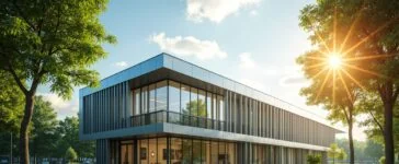 Ein sonnendurchfluteter, moderner Rechenzentrums-Komplex in Heidenheim, der mit gläsernen Fassaden und grünen Pflanzen die Verbindung von digitaler Innovation und nachhaltiger Technologie symbolisiert, eingefangen in warmem Tageslicht und mit einem freundlichen, einladenden Ambiente.