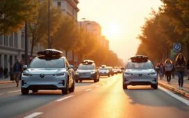 Ein heller, einladender Stadtblick bei Tageslicht zeigt moderne Elektroautos verschiedener Marken entspannt auf breiten Straßen fahren, begleitet von freundlichen Menschen am Gehweg, die neugierig und hoffnungsvoll auf die Zukunft des autonomen Fahrens blicken – eine harmonische Momentaufnahme technologischer Innovation und urbaner Mobilität.