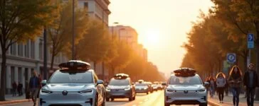 Ein heller, einladender Stadtblick bei Tageslicht zeigt moderne Elektroautos verschiedener Marken entspannt auf breiten Straßen fahren, begleitet von freundlichen Menschen am Gehweg, die neugierig und hoffnungsvoll auf die Zukunft des autonomen Fahrens blicken – eine harmonische Momentaufnahme technologischer Innovation und urbaner Mobilität.
