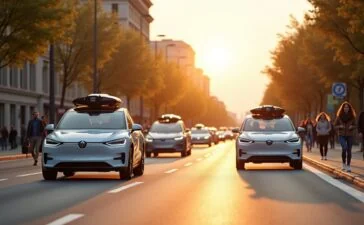 Ein heller, einladender Stadtblick bei Tageslicht zeigt moderne Elektroautos verschiedener Marken entspannt auf breiten Straßen fahren, begleitet von freundlichen Menschen am Gehweg, die neugierig und hoffnungsvoll auf die Zukunft des autonomen Fahrens blicken – eine harmonische Momentaufnahme technologischer Innovation und urbaner Mobilität.