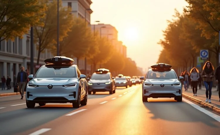 Ein heller, einladender Stadtblick bei Tageslicht zeigt moderne Elektroautos verschiedener Marken entspannt auf breiten Straßen fahren, begleitet von freundlichen Menschen am Gehweg, die neugierig und hoffnungsvoll auf die Zukunft des autonomen Fahrens blicken – eine harmonische Momentaufnahme technologischer Innovation und urbaner Mobilität.