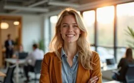 Ein sympathisch lächelnder, moderner Tech-Manager in heller, großzügig belichteter Bürolandschaft, umgeben von engagierten Teamkollegen in konzentrierter Zusammenarbeit, die mit natürlichem Tageslicht und warmen Holztönen eine Atmosphäre von Vertrauen, Leadership und Aufbruchsstimmung vermitteln.