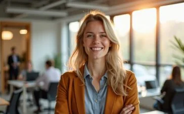 Ein sympathisch lächelnder, moderner Tech-Manager in heller, großzügig belichteter Bürolandschaft, umgeben von engagierten Teamkollegen in konzentrierter Zusammenarbeit, die mit natürlichem Tageslicht und warmen Holztönen eine Atmosphäre von Vertrauen, Leadership und Aufbruchsstimmung vermitteln.