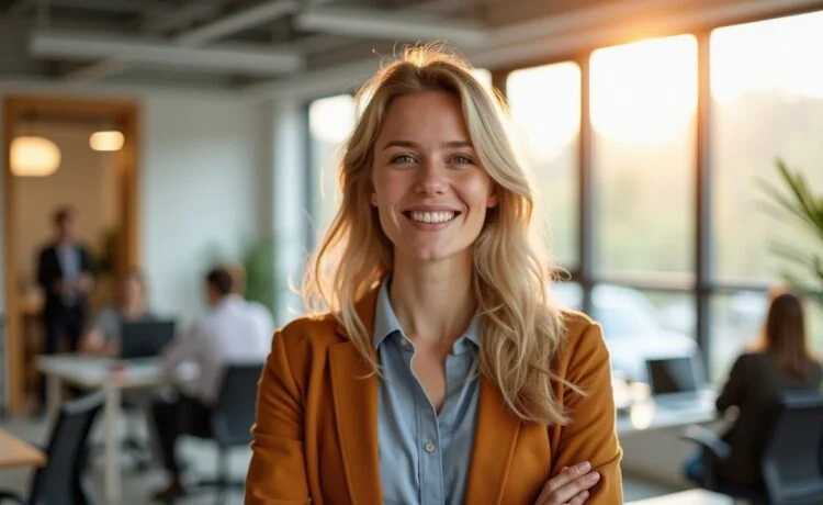 Ein sympathisch lächelnder, moderner Tech-Manager in heller, großzügig belichteter Bürolandschaft, umgeben von engagierten Teamkollegen in konzentrierter Zusammenarbeit, die mit natürlichem Tageslicht und warmen Holztönen eine Atmosphäre von Vertrauen, Leadership und Aufbruchsstimmung vermitteln.