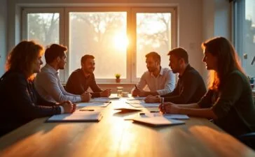 In einem hell erleuchteten, modernen Büro strahlt ein Führungsteam aus IT-Projektleitern und Entwicklern Wärme und Zusammenhalt aus, während sie konzentriert bei natürlichem Tageslicht an einem großen Holztisch agile Projektplanungen diskutieren – lebendig, realistisch und mit einer freundlichen Atmosphäre, die Zuversicht und Teamgeist vermittelt.