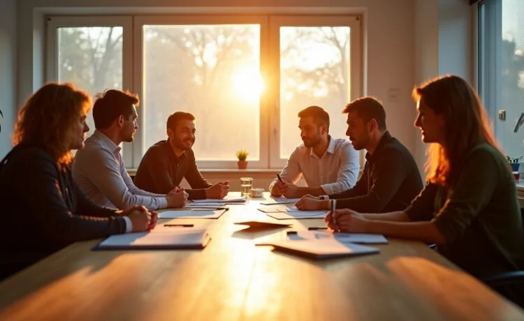 In einem hell erleuchteten, modernen Büro strahlt ein Führungsteam aus IT-Projektleitern und Entwicklern Wärme und Zusammenhalt aus, während sie konzentriert bei natürlichem Tageslicht an einem großen Holztisch agile Projektplanungen diskutieren – lebendig, realistisch und mit einer freundlichen Atmosphäre, die Zuversicht und Teamgeist vermittelt.