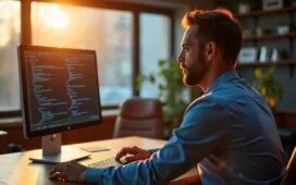 Ein heller, sonnendurchfluteter Büroraum mit einem konzentrierten IT-Administrator, der vor einem modernen Bildschirm mit Firewall-Konfigurationen sitzt, umgeben von warmen Holzmöbeln und sanftem Tageslicht, das die verantwortungsvolle Atmosphäre einer Netzwerküberwachung voller digitaler Sicherheit und menschlicher Achtsamkeit einfängt.