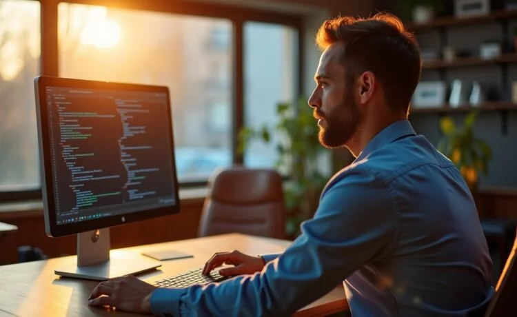 Ein heller, sonnendurchfluteter Büroraum mit einem konzentrierten IT-Administrator, der vor einem modernen Bildschirm mit Firewall-Konfigurationen sitzt, umgeben von warmen Holzmöbeln und sanftem Tageslicht, das die verantwortungsvolle Atmosphäre einer Netzwerküberwachung voller digitaler Sicherheit und menschlicher Achtsamkeit einfängt.