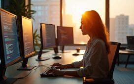 In einem hell erleuchteten, modernen Büro sitzt eine nachdenkliche Person vor mehreren Bildschirmen mit komplexen Daten und Code, das warme Sonnenlicht fällt freundlich durch große Fenster und vermittelt zugleich die Spannung und Verantwortung im Umgang mit der unsichtbaren Macht künstlicher Intelligenz.