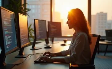 In einem hell erleuchteten, modernen Büro sitzt eine nachdenkliche Person vor mehreren Bildschirmen mit komplexen Daten und Code, das warme Sonnenlicht fällt freundlich durch große Fenster und vermittelt zugleich die Spannung und Verantwortung im Umgang mit der unsichtbaren Macht künstlicher Intelligenz.