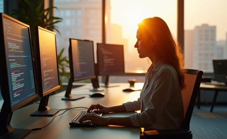 In einem hell erleuchteten, modernen Büro sitzt eine nachdenkliche Person vor mehreren Bildschirmen mit komplexen Daten und Code, das warme Sonnenlicht fällt freundlich durch große Fenster und vermittelt zugleich die Spannung und Verantwortung im Umgang mit der unsichtbaren Macht künstlicher Intelligenz.