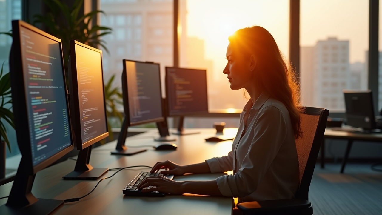 In einem hell erleuchteten, modernen Büro sitzt eine nachdenkliche Person vor mehreren Bildschirmen mit komplexen Daten und Code, das warme Sonnenlicht fällt freundlich durch große Fenster und vermittelt zugleich die Spannung und Verantwortung im Umgang mit der unsichtbaren Macht künstlicher Intelligenz.