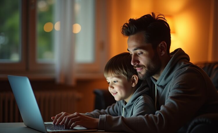 Eine helle, warm beleuchtete Szene in einem modernen Wohn- oder Lernraum, in der ein Elternteil aufmerksam und liebevoll mit seinem neugierigen Kind an einem Laptop sitzt, während sanftes Tageslicht durch ein Fenster fällt und eine Atmosphäre von Vertrauen, Schutz und digitaler Achtsamkeit vermittelt.