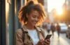 Ein freundliches, hell ausgeleuchtetes Porträt einer jungen Frau, die mit konzentriertem, aber vertrauensvollem Blick auf ihr Smartphone schaut, umgeben von einem modernen urbanen Hintergrund mit weichem Tageslicht und warmen Farbtönen, das die unsichtbaren Gefahren von Social-Media-Betrug im Finanzbereich subtil andeutet.