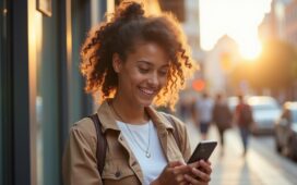 Ein freundliches, hell ausgeleuchtetes Porträt einer jungen Frau, die mit konzentriertem, aber vertrauensvollem Blick auf ihr Smartphone schaut, umgeben von einem modernen urbanen Hintergrund mit weichem Tageslicht und warmen Farbtönen, das die unsichtbaren Gefahren von Social-Media-Betrug im Finanzbereich subtil andeutet.