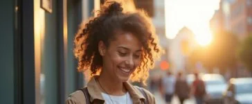 Ein freundliches, hell ausgeleuchtetes Porträt einer jungen Frau, die mit konzentriertem, aber vertrauensvollem Blick auf ihr Smartphone schaut, umgeben von einem modernen urbanen Hintergrund mit weichem Tageslicht und warmen Farbtönen, das die unsichtbaren Gefahren von Social-Media-Betrug im Finanzbereich subtil andeutet.