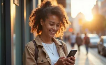 Ein freundliches, hell ausgeleuchtetes Porträt einer jungen Frau, die mit konzentriertem, aber vertrauensvollem Blick auf ihr Smartphone schaut, umgeben von einem modernen urbanen Hintergrund mit weichem Tageslicht und warmen Farbtönen, das die unsichtbaren Gefahren von Social-Media-Betrug im Finanzbereich subtil andeutet.