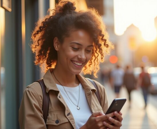 Ein freundliches, hell ausgeleuchtetes Porträt einer jungen Frau, die mit konzentriertem, aber vertrauensvollem Blick auf ihr Smartphone schaut, umgeben von einem modernen urbanen Hintergrund mit weichem Tageslicht und warmen Farbtönen, das die unsichtbaren Gefahren von Social-Media-Betrug im Finanzbereich subtil andeutet.