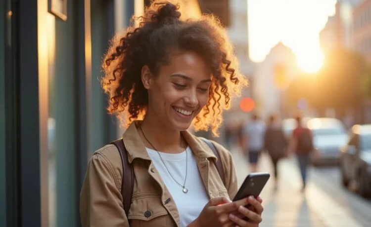 Ein freundliches, hell ausgeleuchtetes Porträt einer jungen Frau, die mit konzentriertem, aber vertrauensvollem Blick auf ihr Smartphone schaut, umgeben von einem modernen urbanen Hintergrund mit weichem Tageslicht und warmen Farbtönen, das die unsichtbaren Gefahren von Social-Media-Betrug im Finanzbereich subtil andeutet.