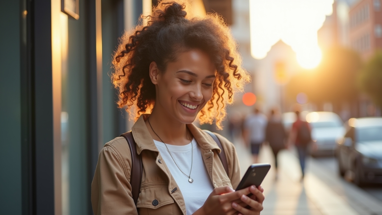 Ein freundliches, hell ausgeleuchtetes Porträt einer jungen Frau, die mit konzentriertem, aber vertrauensvollem Blick auf ihr Smartphone schaut, umgeben von einem modernen urbanen Hintergrund mit weichem Tageslicht und warmen Farbtönen, das die unsichtbaren Gefahren von Social-Media-Betrug im Finanzbereich subtil andeutet.