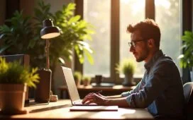 Ein strahlend helles, lebendiges Büro mit einem fokussierten Entwickler am Schreibtisch, der mit natürlichem Tageslicht sanft beleuchtet wird und konzentriert am Laptop komplexen Code prüft, während warme Holztöne und Pflanzen eine einladende, vertrauensvolle Atmosphäre schaffen.